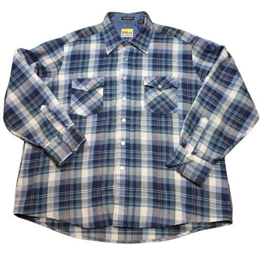 Mens XL Blue Plaid Farmer Flannel Button Down Shirt Long Sleeve Grandpa Grunge